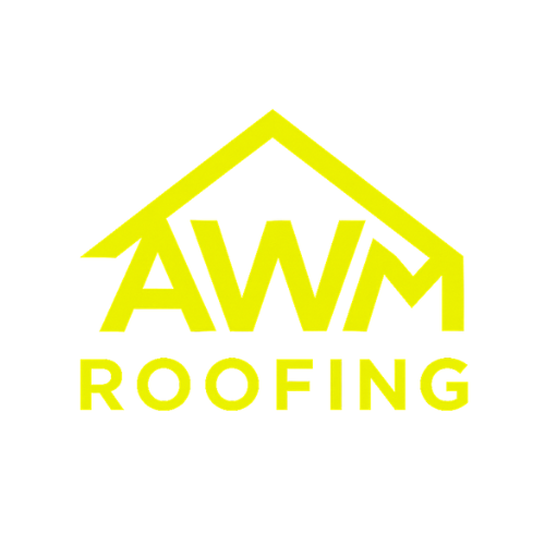 AWM Roofing logo in bright yellow with house roof graphic